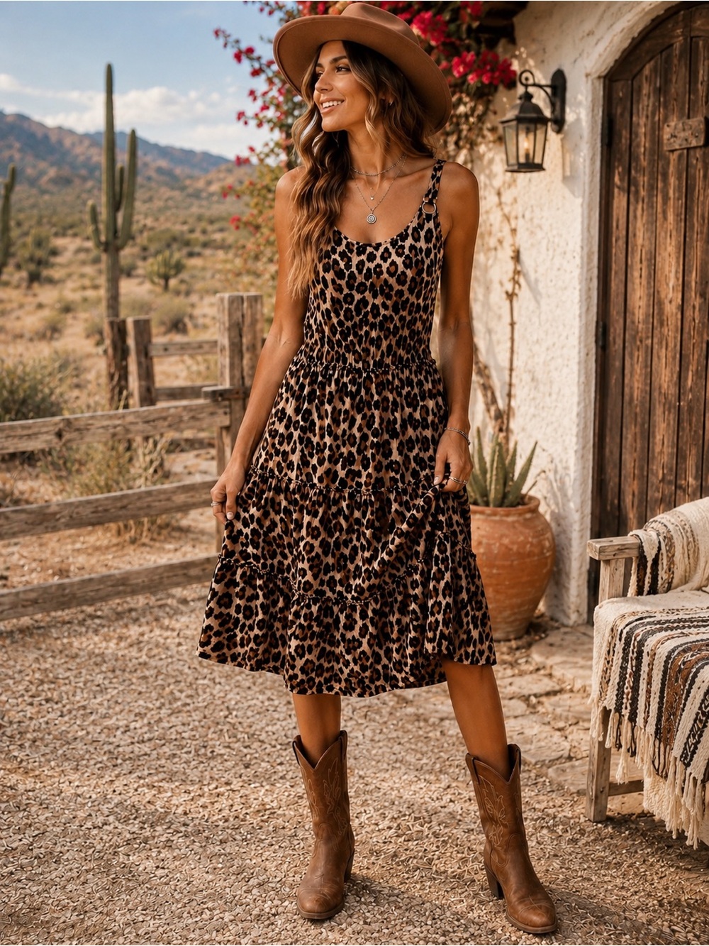 Leopard Print Tiered Midi Dress Animal Print Sleeveless Boho